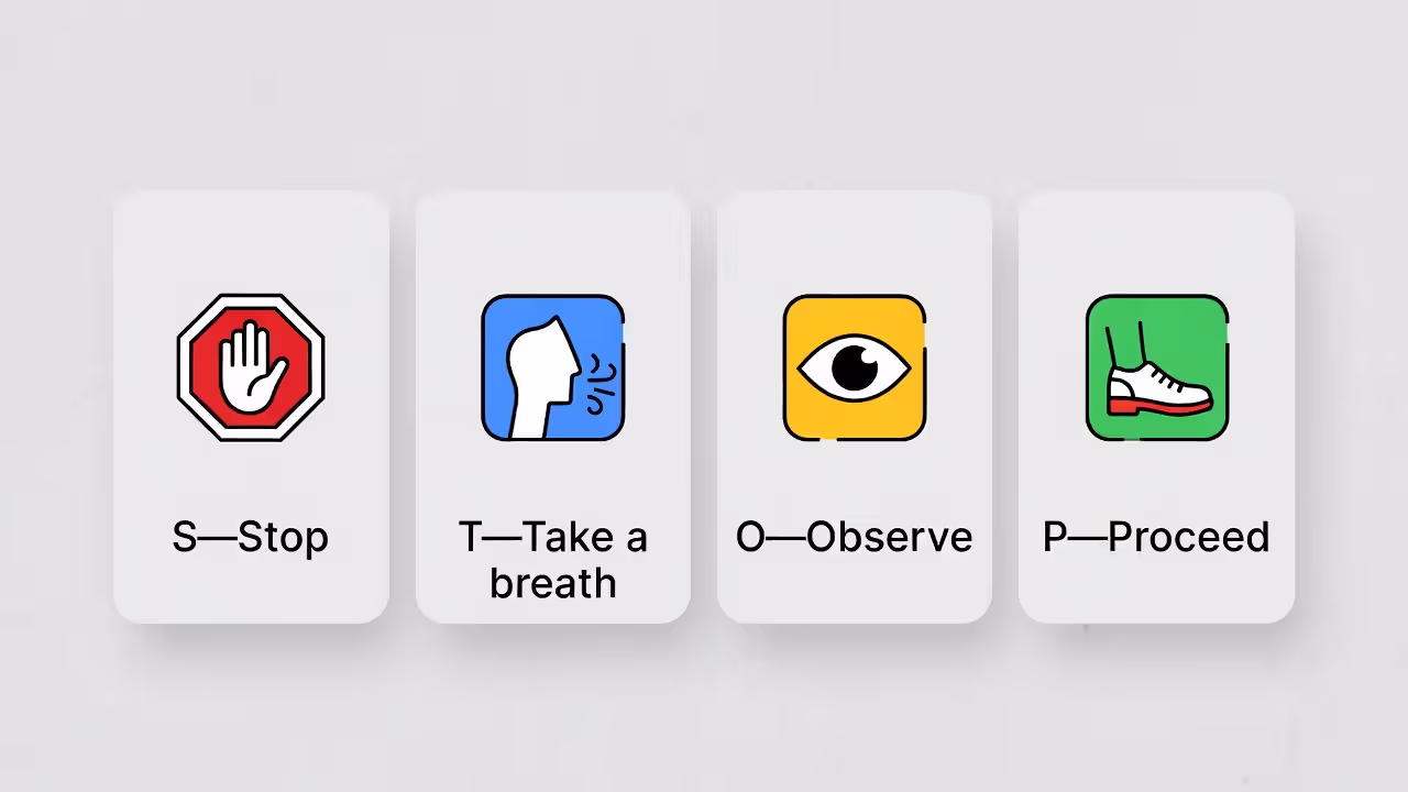 STOP technique steps: stop, take a breath, observe, proceed