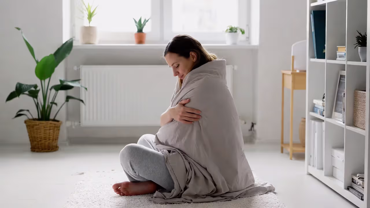 Adult person sitting on floor hugging themselves in gentle self-compassion gesture