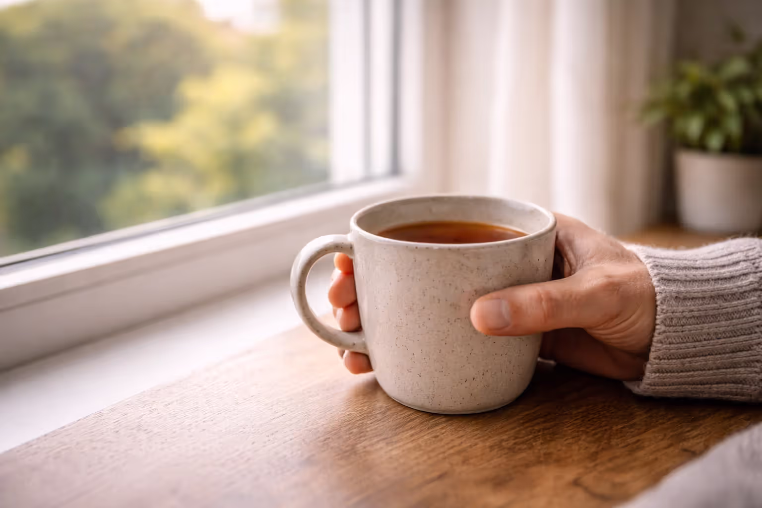 Close-up of a hand holding a warm cup near a window in soft daylight