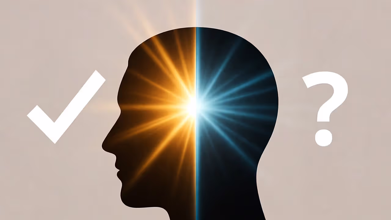 Profile silhouette of a head with two differently lit areas symbolizing internal conflict