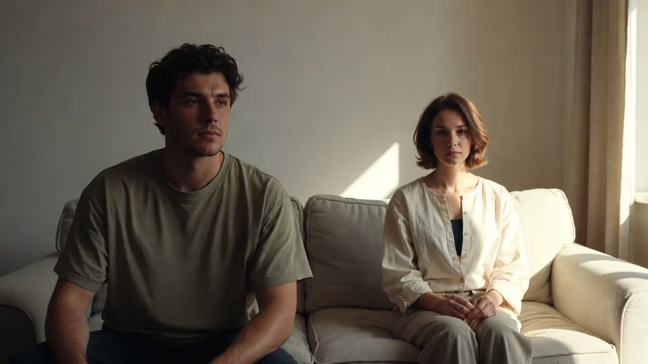 Two adults sitting apart on a couch, reflecting emotional distance and attachment difficulties.