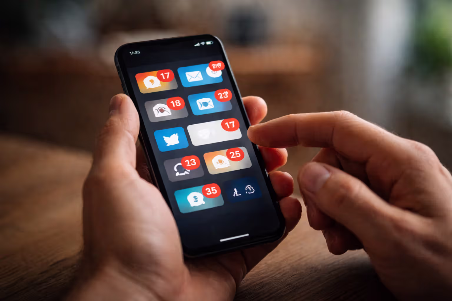 Close-up of hand checking smartphone with multiple notifications