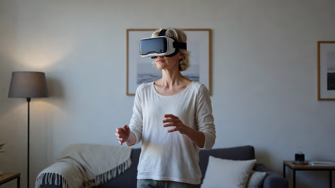 Person wearing VR headset in ordinary living room environment