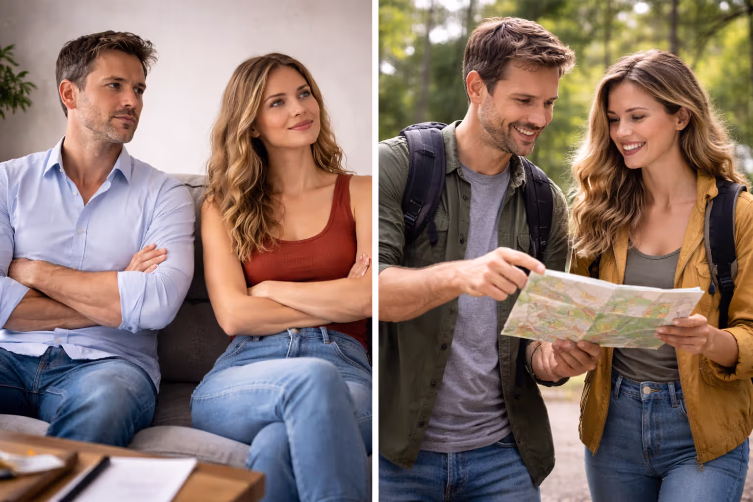 Split image showing static compatibility versus dynamic growth-oriented couple