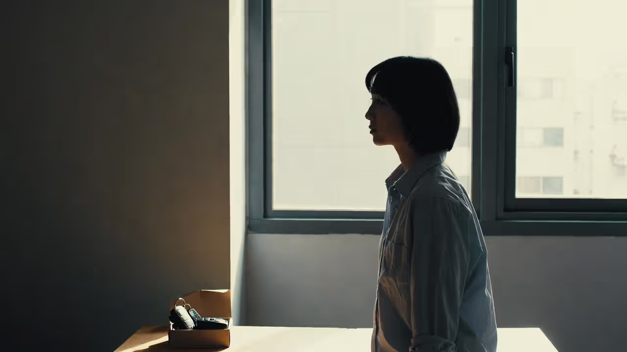 Person looking out the window after a recent achievement with subdued expression